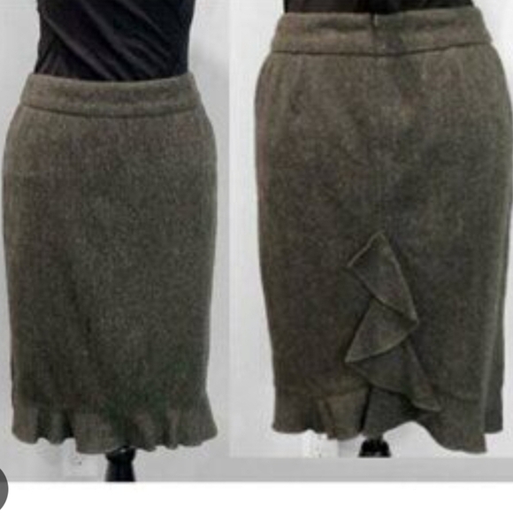 Club Monaco Olive Wool & Silk Tweed Ruffle Hem and Fishtail Pencil Skirt - Picture 1 of 17